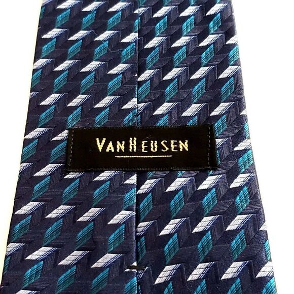 Van Heusen Woven Blue Teal Geometric Wide Silk Tie‎ - Picture 3 of 6